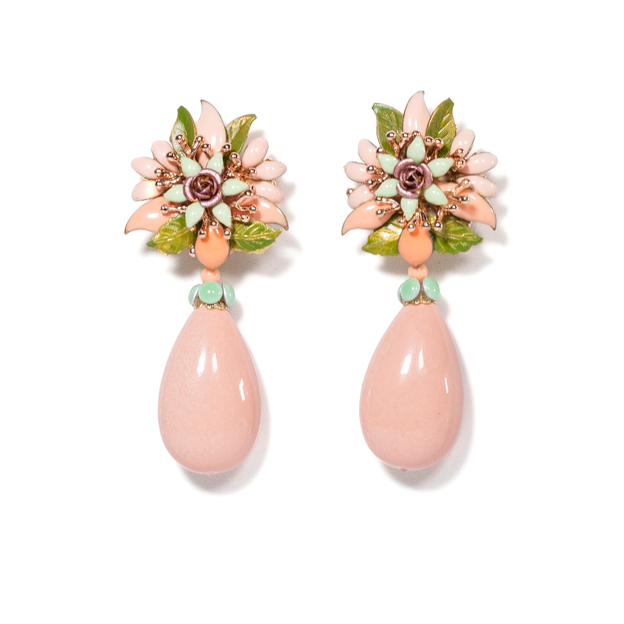 Blush Oval Shaped Stone Earrings With Floral Detail - La Jolla