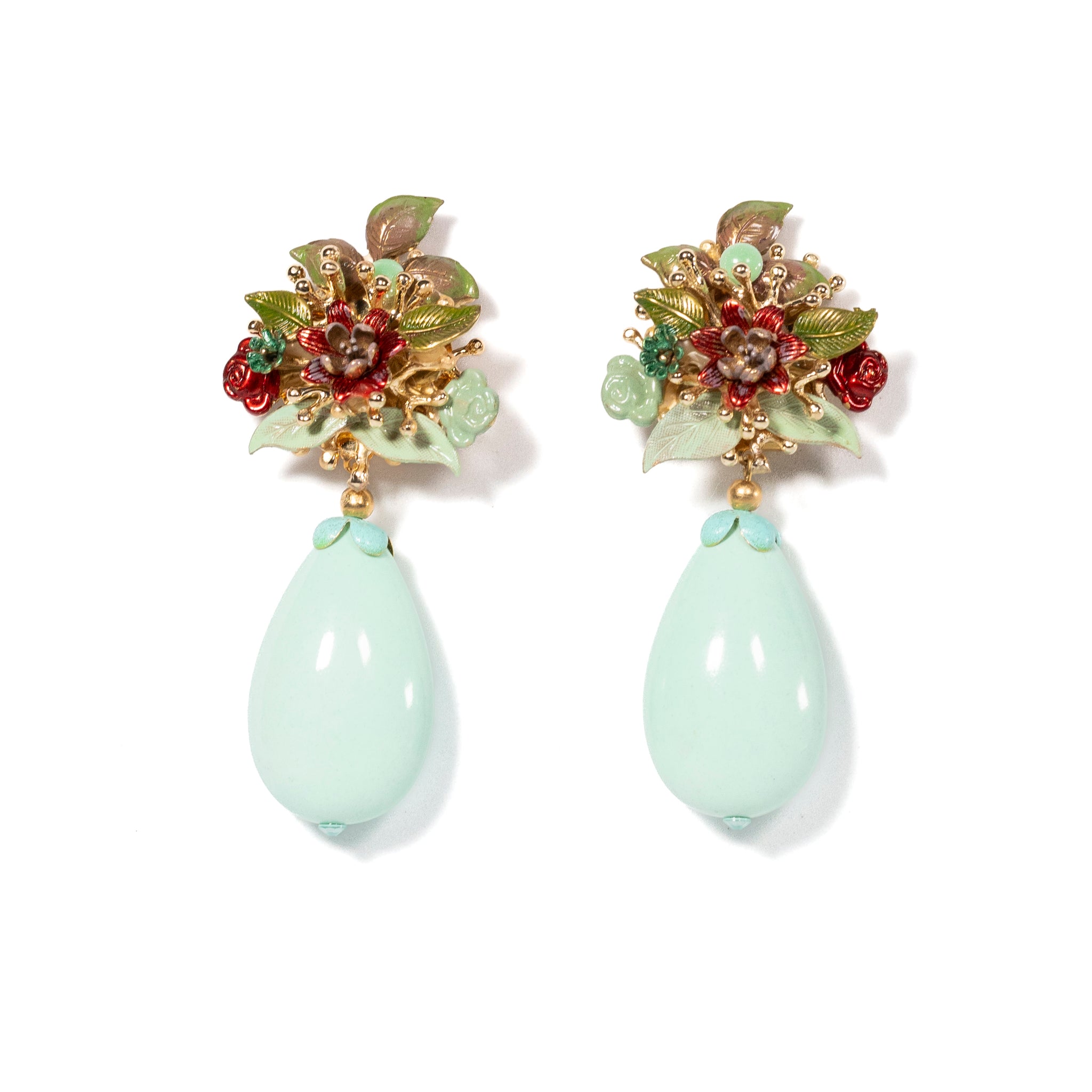 Soft Blue Oval Shaped Stone Earrings With Floral Detail - La Jolla