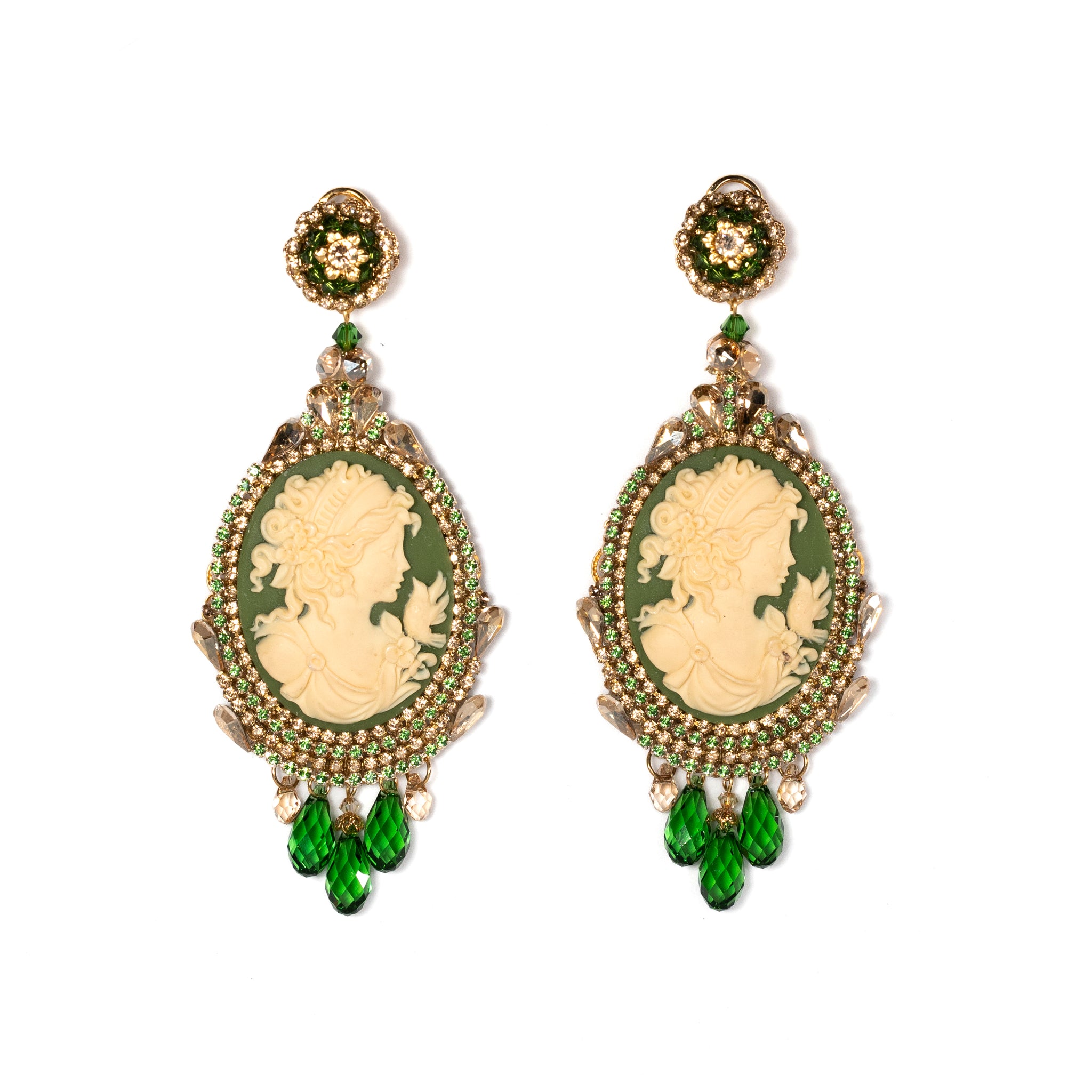Green Cameo Earrings With Crystals And Rhinestones - La Jolla