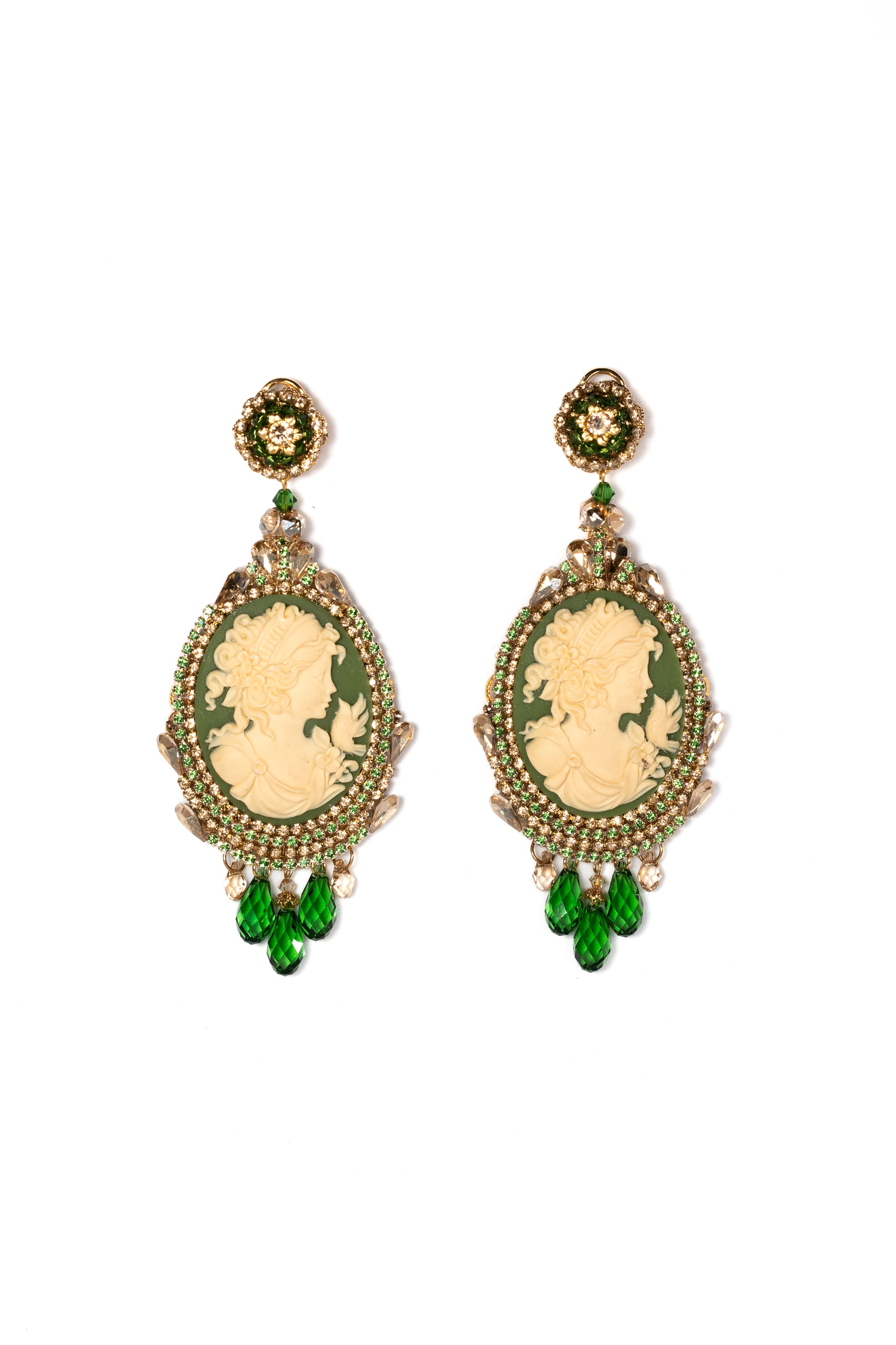 Green Cameo Earrings With Crystals And Rhinestones - La Jolla