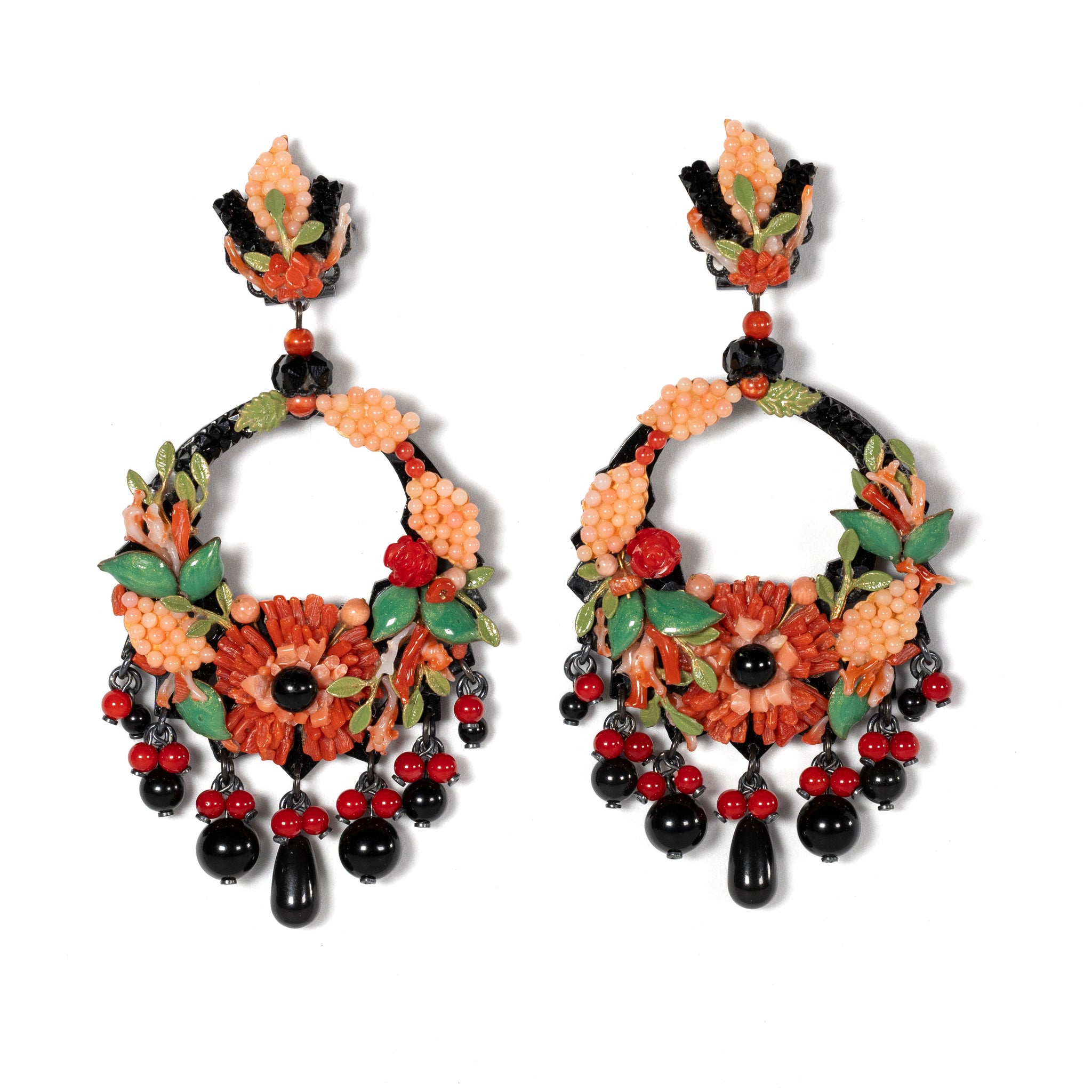 Floral Hoop Earrings With Black And Red Accents - La Jolla