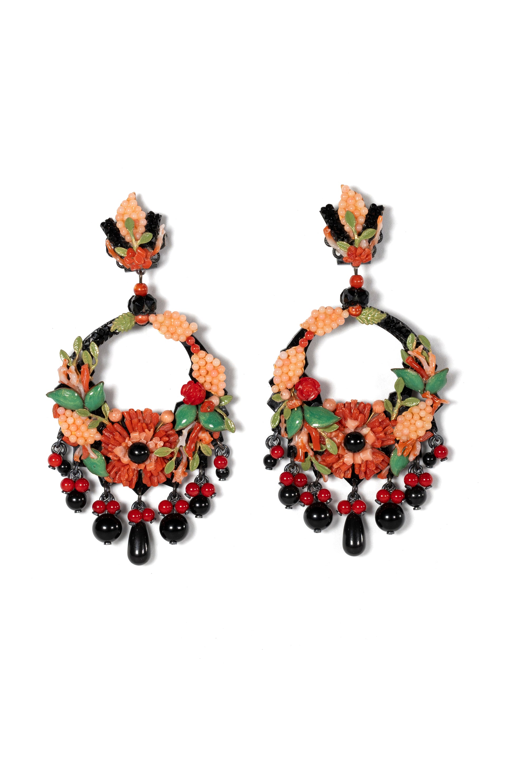 Floral Hoop Earrings With Black And Red Accents - La Jolla