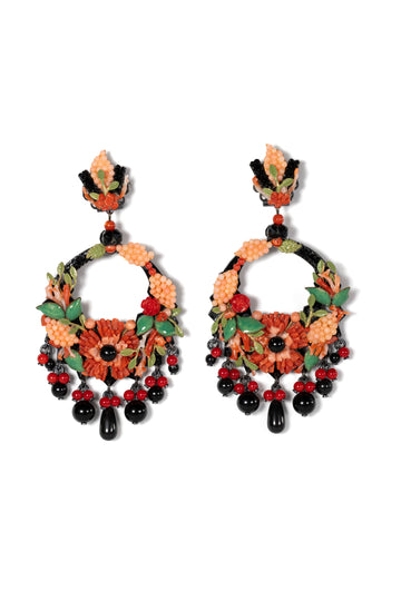 Floral Hoop Earrings With Black And Red Accents - La Jolla