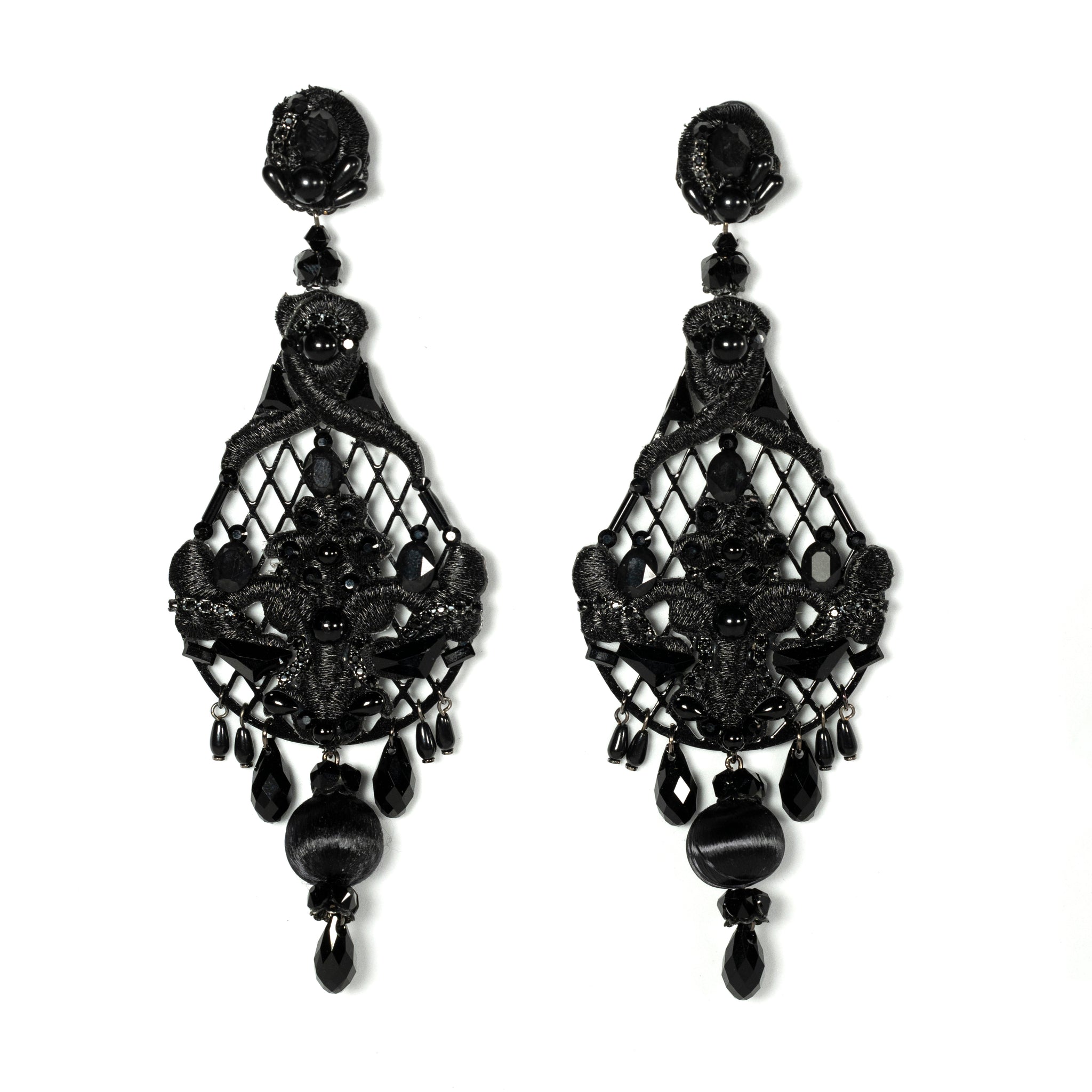 Midnight Embroidered Strass Drop Earrings - La Jolla