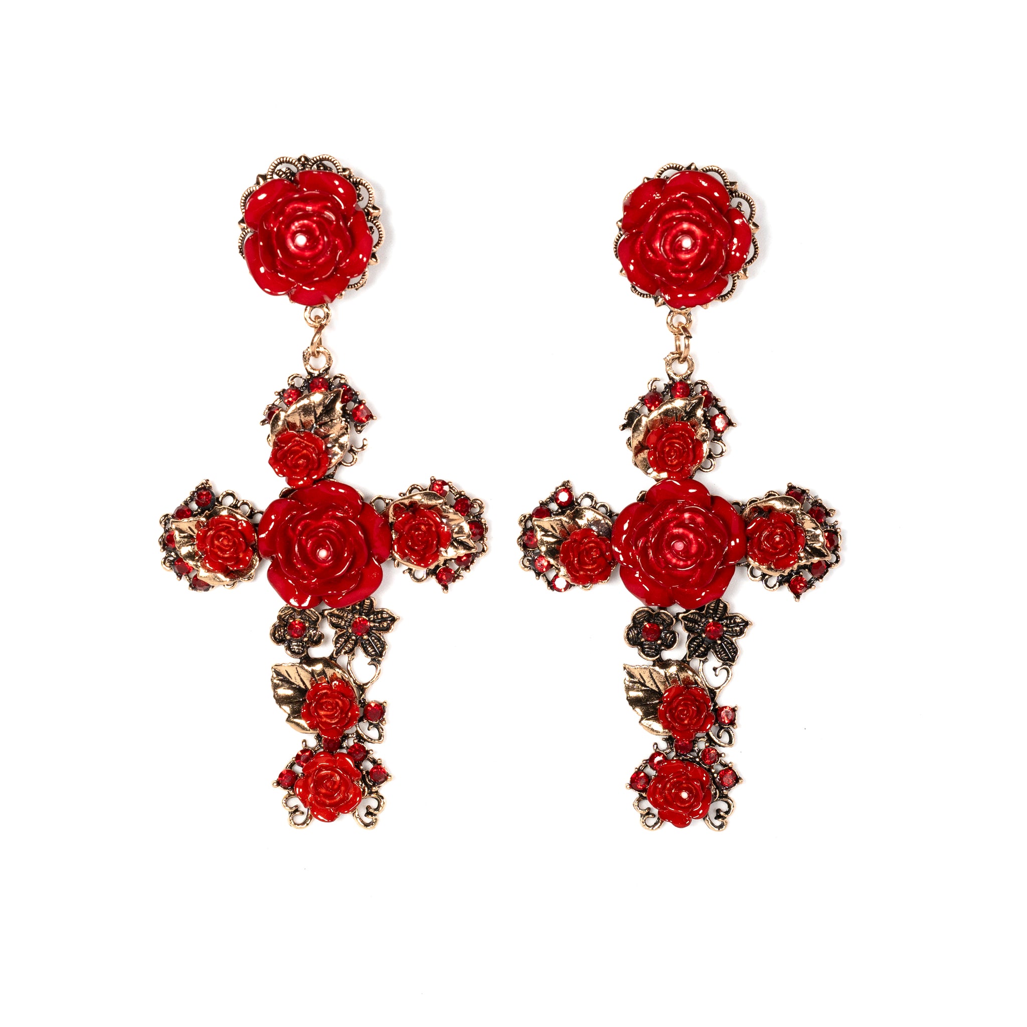 Baroque Style Earrings With Rose Details in Ruby Red - La Jolla