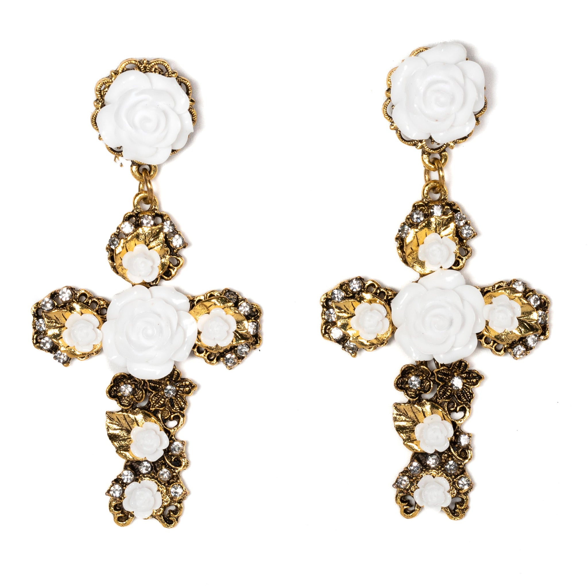 Baroque Style Earrings With Rose Details in Crisp White - La Jolla