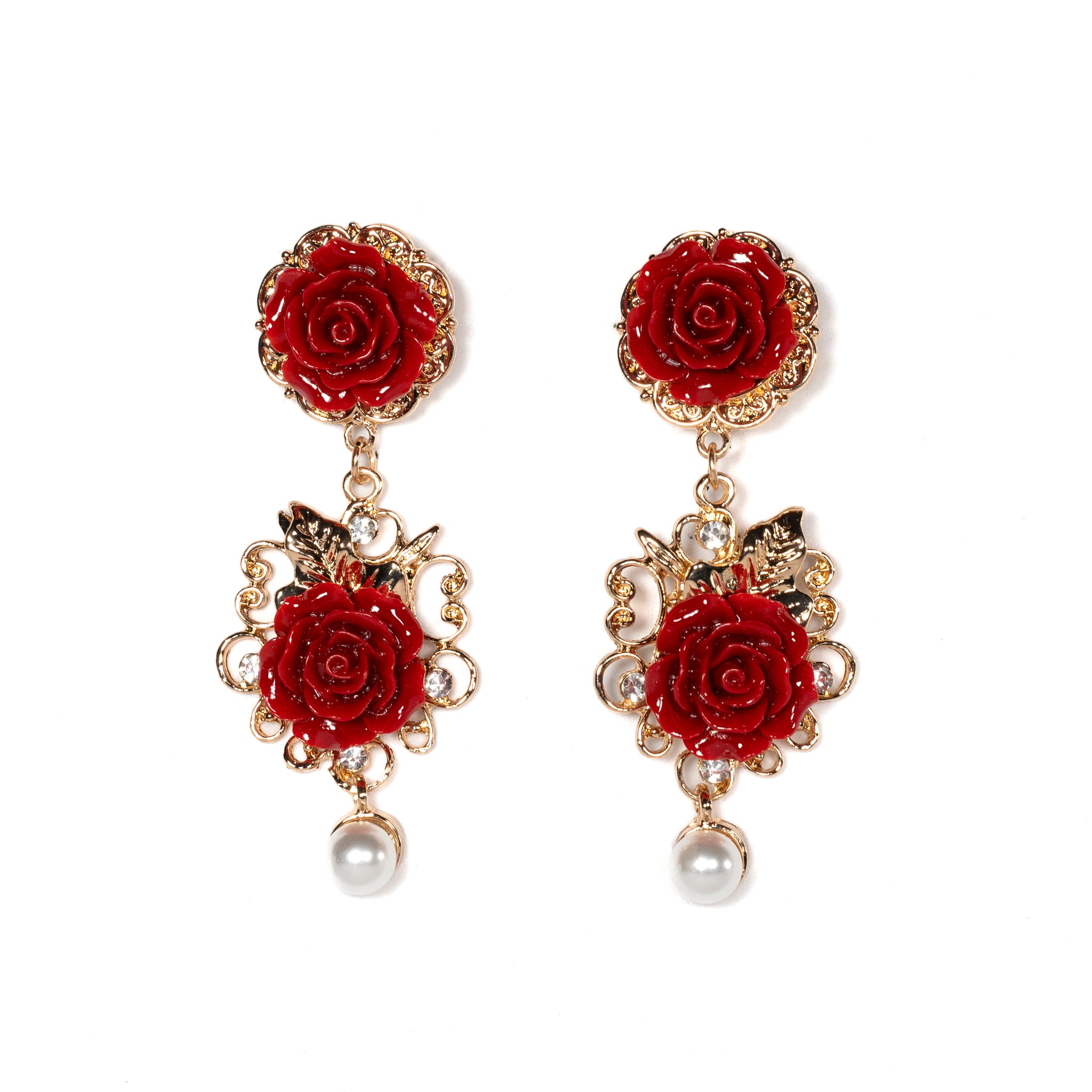 Romantic Pearl Dangle Earrings With Red Rose Details - La Jolla