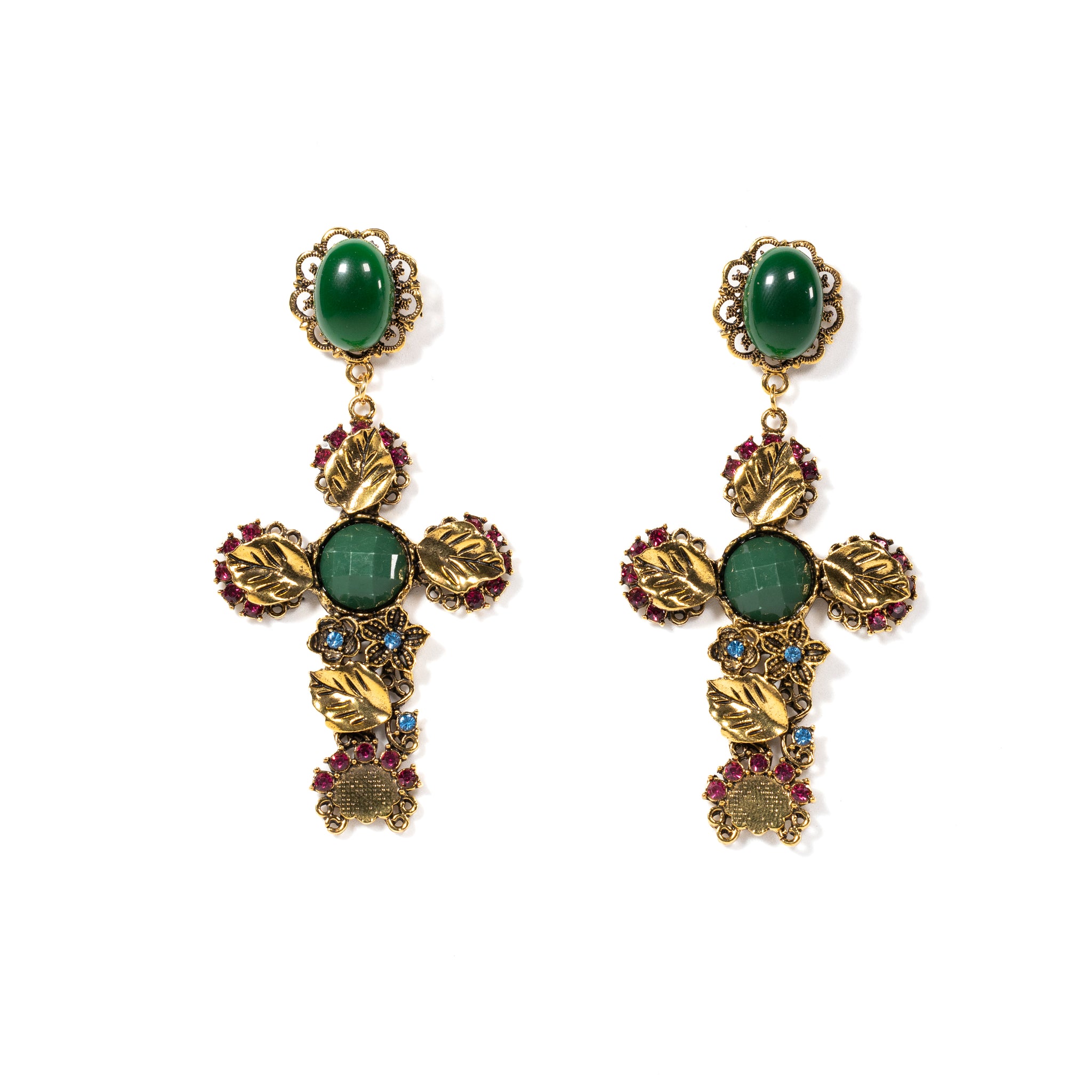 Ornate Golden And Gemstone Encrusted Cross Earrings - La Jolla