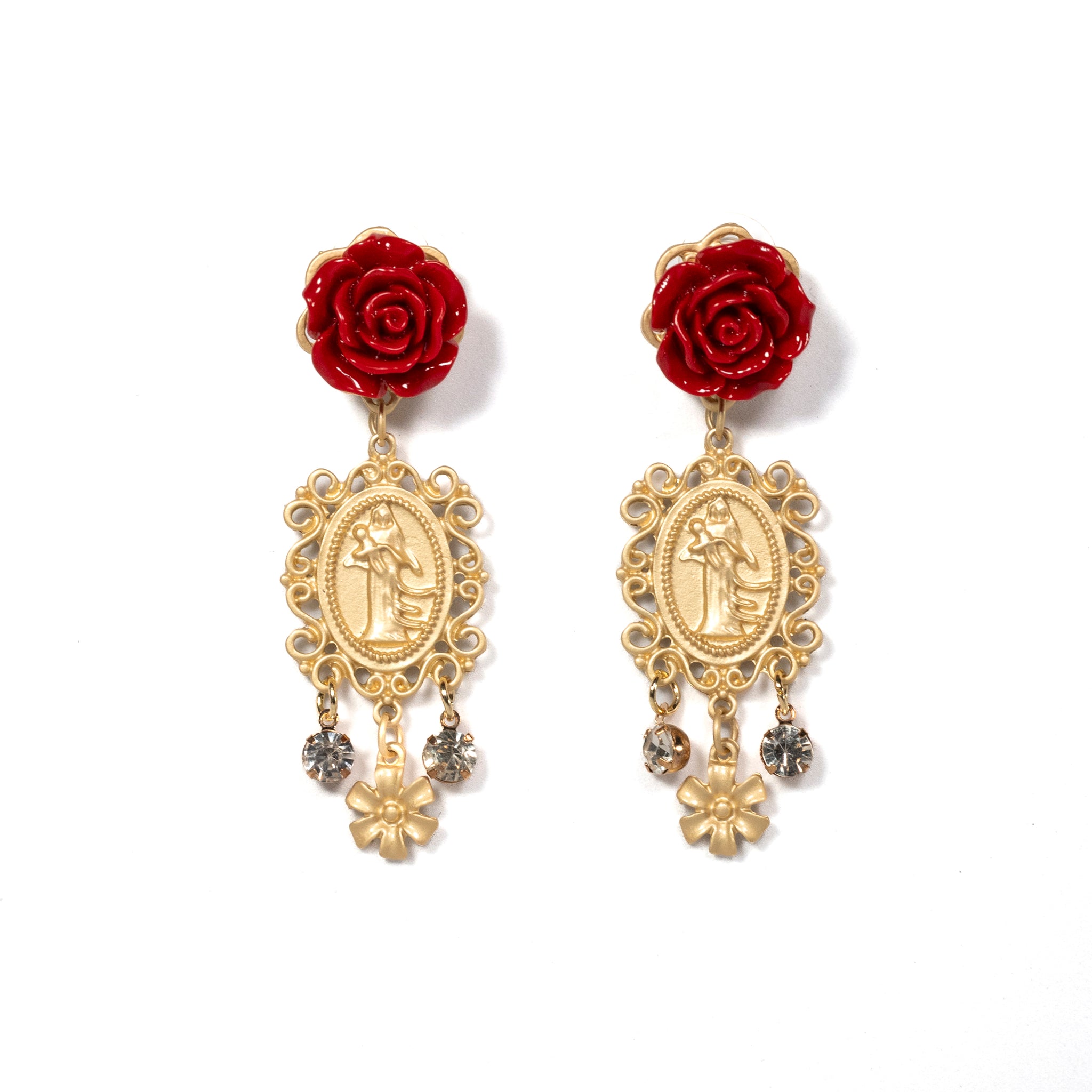 Matte Golden Filigree Red Rose Drop Earrings With Medallion Details - La Jolla