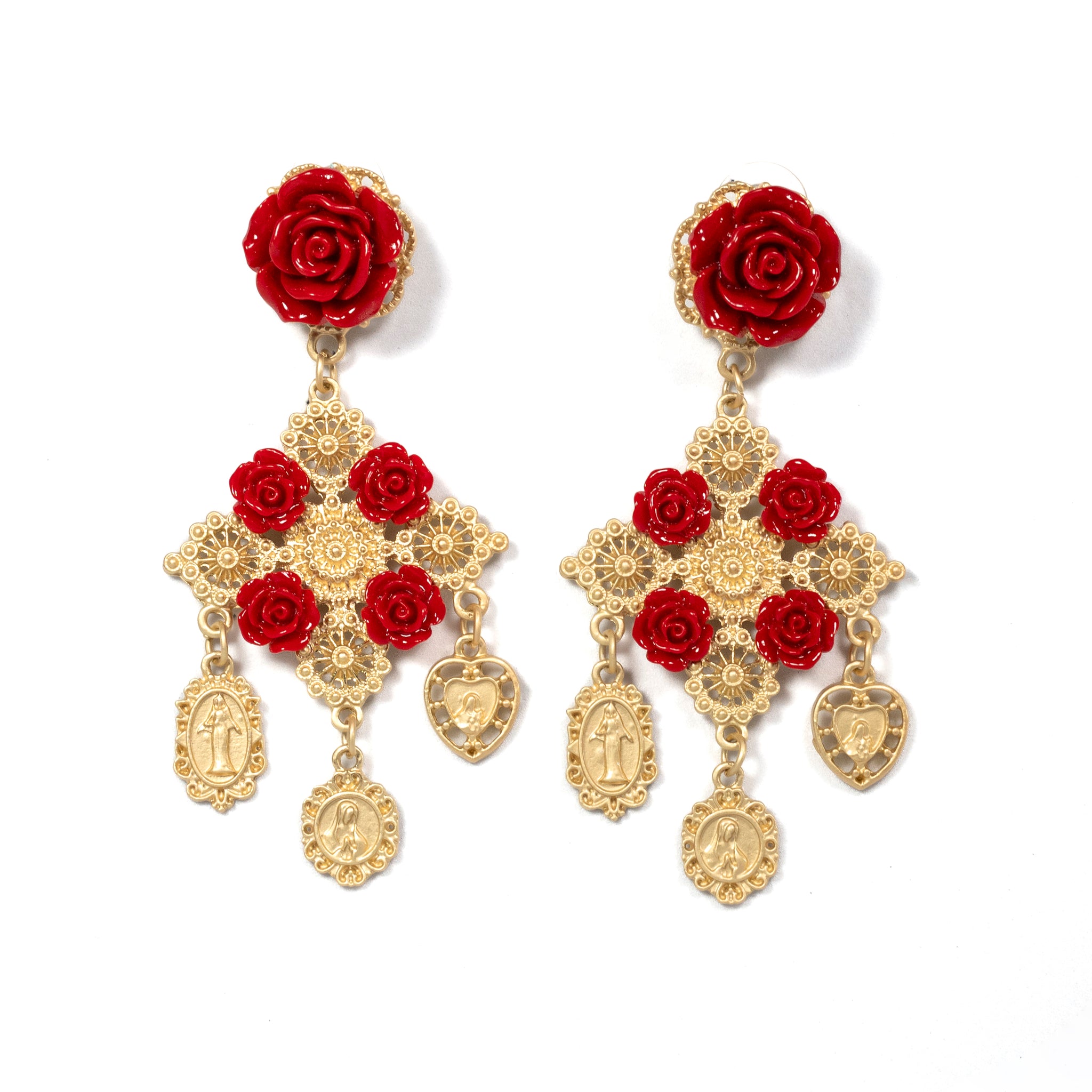 Matte Golden Red Rose And Oval Medallion Drop Earrings - La Jolla
